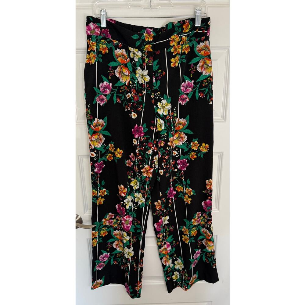 Thalia Sodi Black Floral Wide Leg Pants Medium Waist 32 Inseam 30 Boho Resort